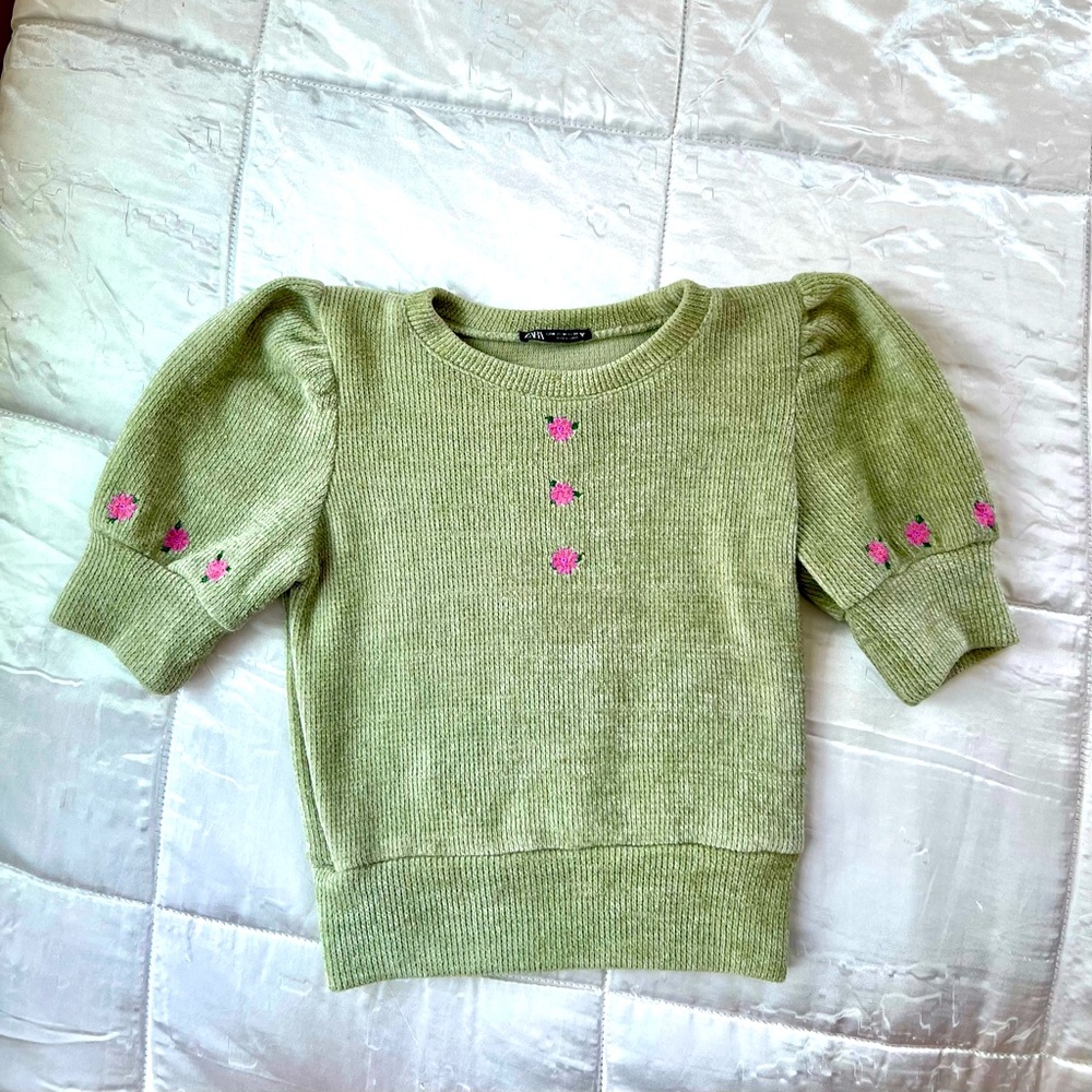 Zara Puff Sleeve embroidered Mint Green Sweater Medium